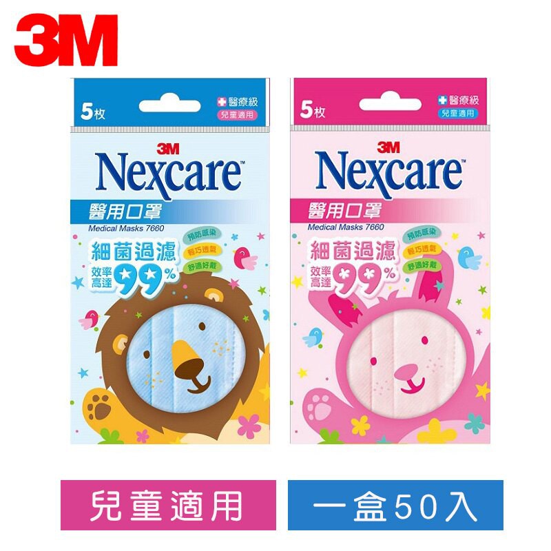 3M Nexcare 醫用兒童口罩 (未滅菌) (5片x10包/盒) 粉/藍