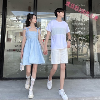 【COUPLE】法式情侶裝💙💗夏季新款潮流露背小個子系帶背心裙藍色蓬蓬吊帶連衣裙