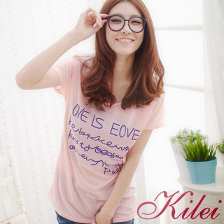 【Kilei】女裝 短袖上衣 T恤 女上衣 女生衣著 時尚英文字母圓領薄T恤XA962-01(甜美粉桔)大尺碼