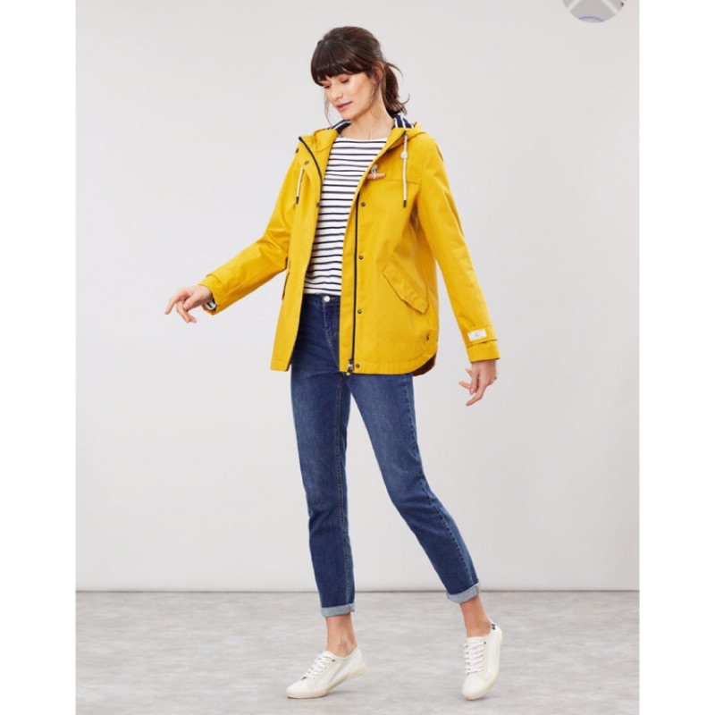Miolla 英國品牌Joules 黃色藍白條紋內裡木扣款防風防水拉鏈帶帽外套