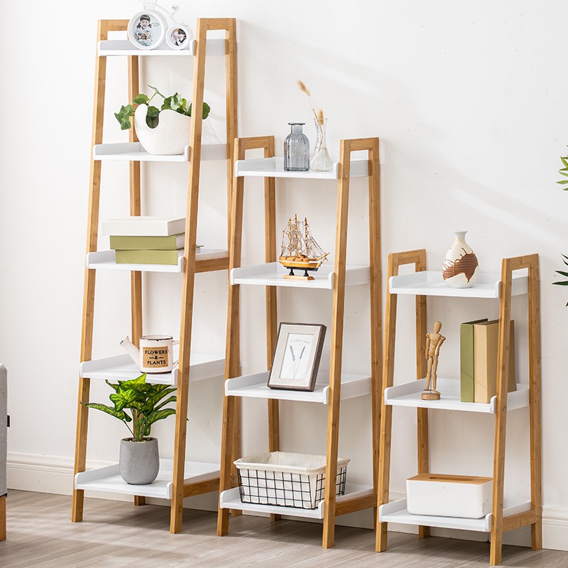 小小百貨店書架客廳臥室北歐楠竹書柜落地現代置物架簡約墻角梯形書架層架竹 蝦皮購物