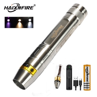 Haixnfire SV300照玉石專用黃紫光UV強光手電筒三燈頭三光源LED不銹鋼手電