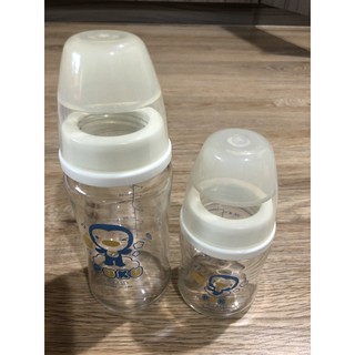 (2個近新）PUKU藍色企鵝 實感寬口耐熱玻璃奶瓶-240ml+120ml小獅王辛巴