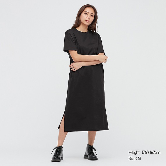 ❮貝子の教堂❯轉賣Uniqlo，九成新的女裝絲光棉寬鬆長洋裝(短袖)-黑色