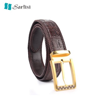 【臺灣出貨】【Sarlisi】真皮針扣鱷魚皮帶男士腰帶手工編織包邊 咖啡色金色鋼扣