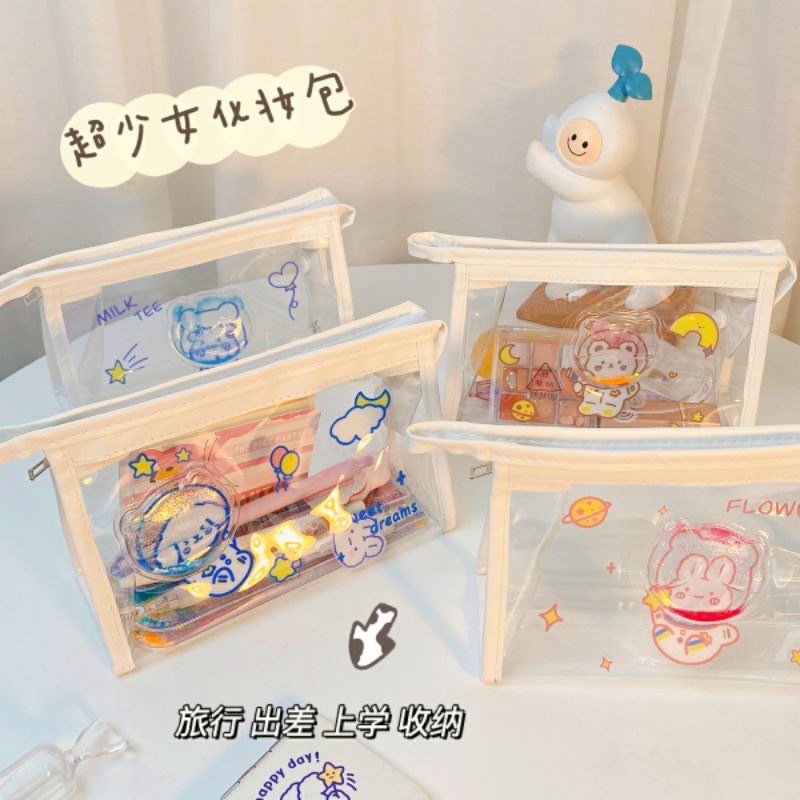 [小雨。文房 台灣現貨]韓式ins風創意透明流沙收納袋 化妝包 鉛筆盒 透明鉛筆盒