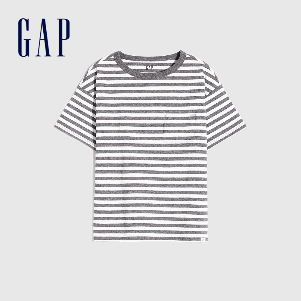 Gap 男童裝 純棉質感短袖T恤  厚磅密織系列-灰色條紋(764972)