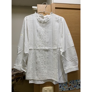 (全新) 韓國小清新森林系質感氣質 荷葉領蕾絲棉質長袖襯衫(中大尺碼可穿)