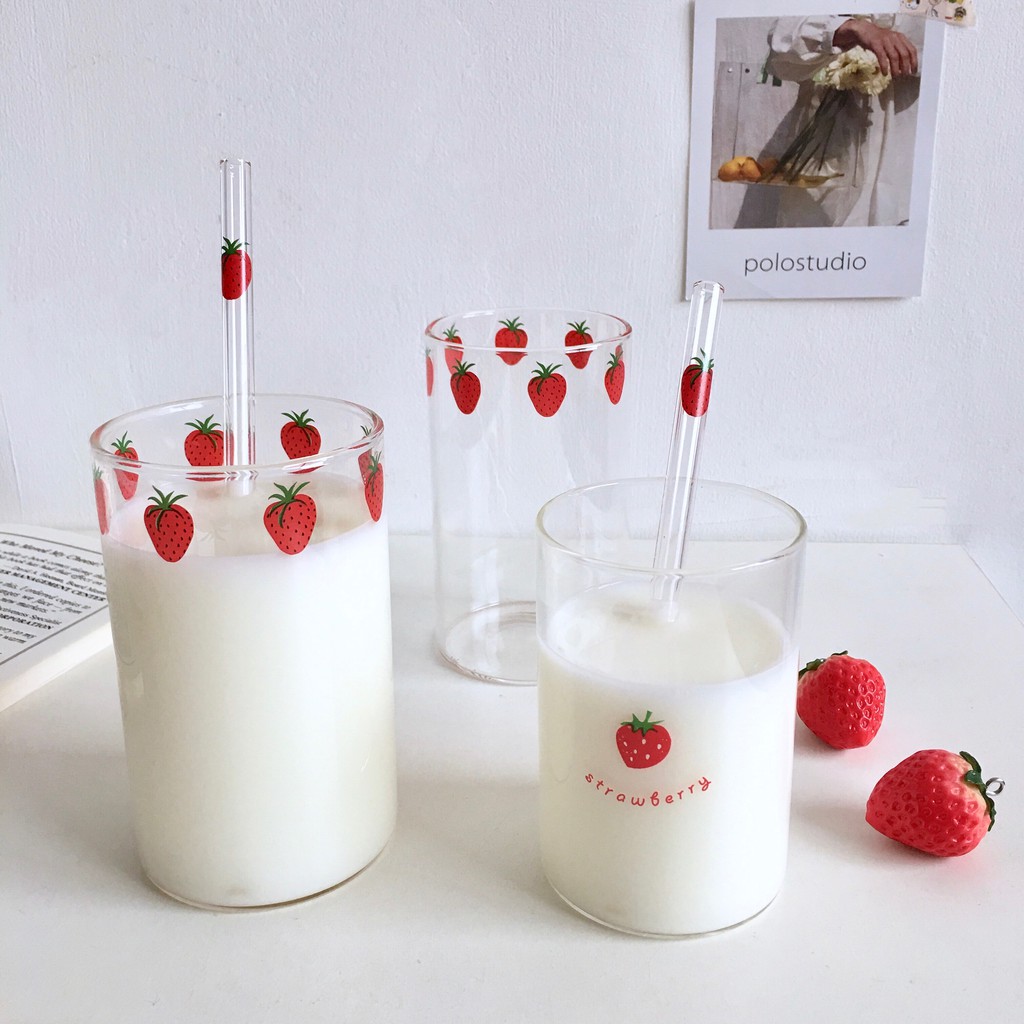 ✿韓系餐具✿ 韓國 ins  草莓圖案玻璃杯(附吸管) 少女風格 牛奶杯 咖啡杯 可愛餐具 實拍圖