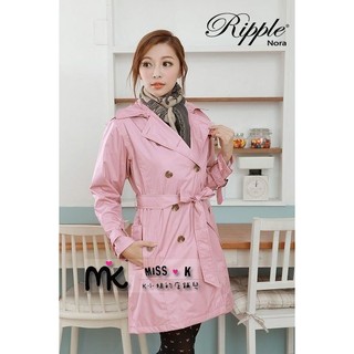 [MISS K] 日本熱賣 雙排扣修身時尚經典風衣雨衣 防水/透氣機能性 帽可拆 粉紅