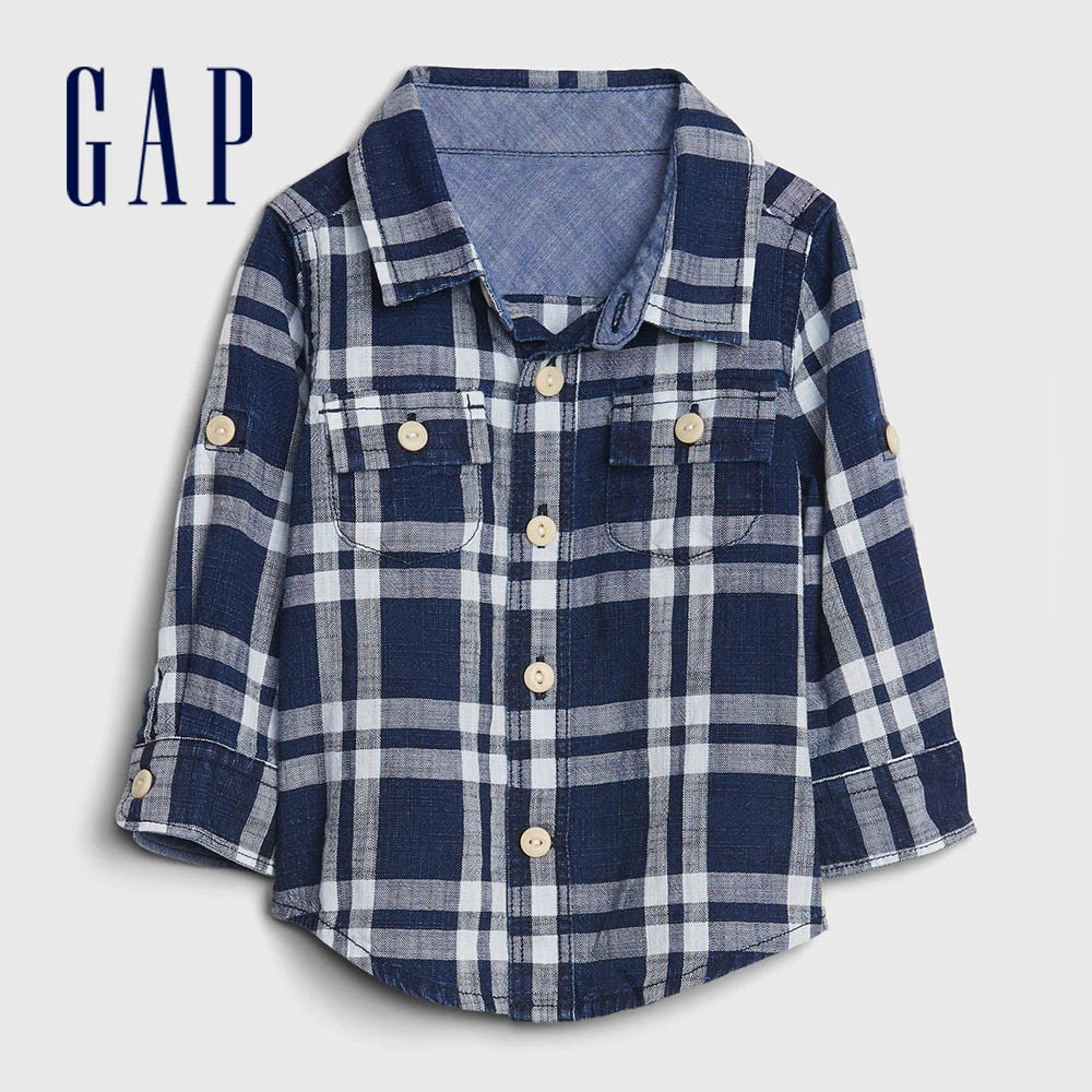Gap 嬰兒裝 時尚格紋翻領長袖襯衫-藍色格紋(577217)
