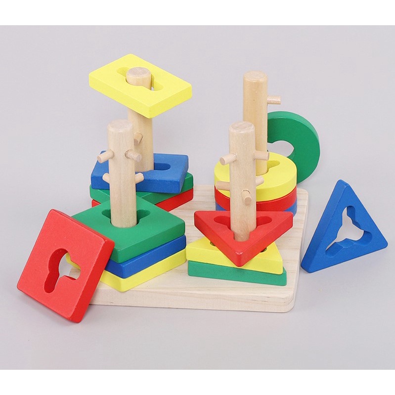 現貨【兒童玩具』木製幾何四套柱積木玩具 ♥ 益智玩具 四套柱 ♥ 智力幾何形狀 認知配對 積木 幼兒園 教具