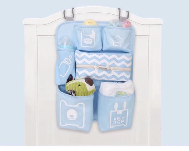 育兒好物推薦現貨 寶寶嬰兒床邊收納袋床邊置物袋多功能嬰兒車掛包置物架 尿布玩具收納 現貨藍