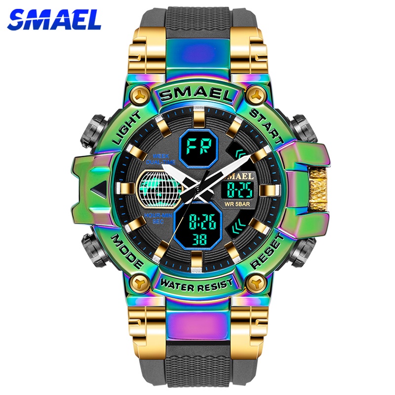 Smael 新款多色時尚運動男士軍錶防水石英數字手錶雙顯示屏男士手錶