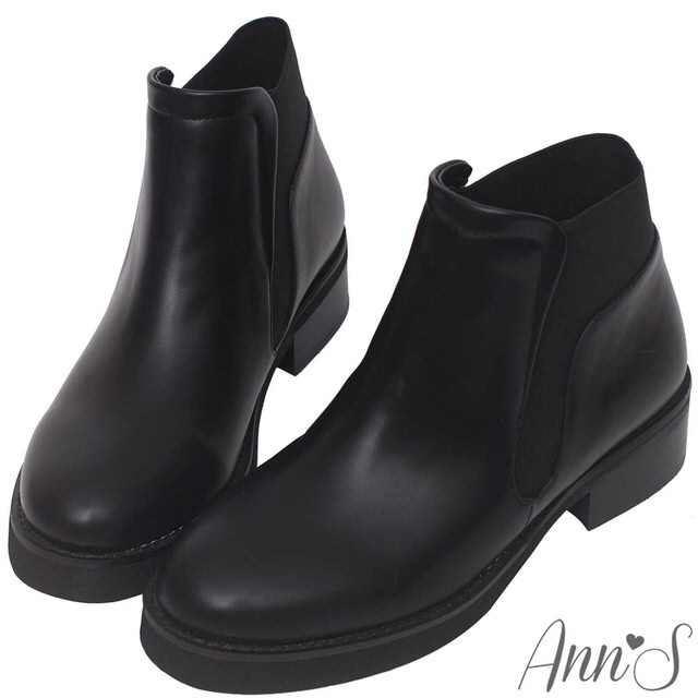 Ann’S極簡黑素面側鬆緊厚底短靴-黑