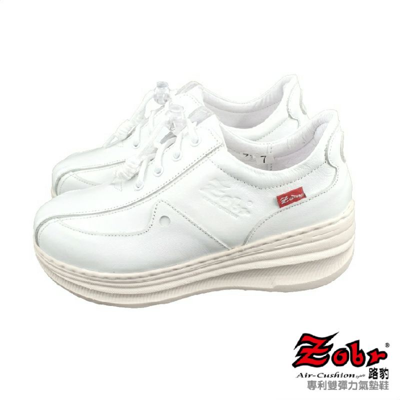 【MEI LAN】ZOBR 路豹 (女) 專利雙彈力 真皮 厚底 氣墊鞋 休閒鞋 透氣 止滑 台灣製 Q282 白色