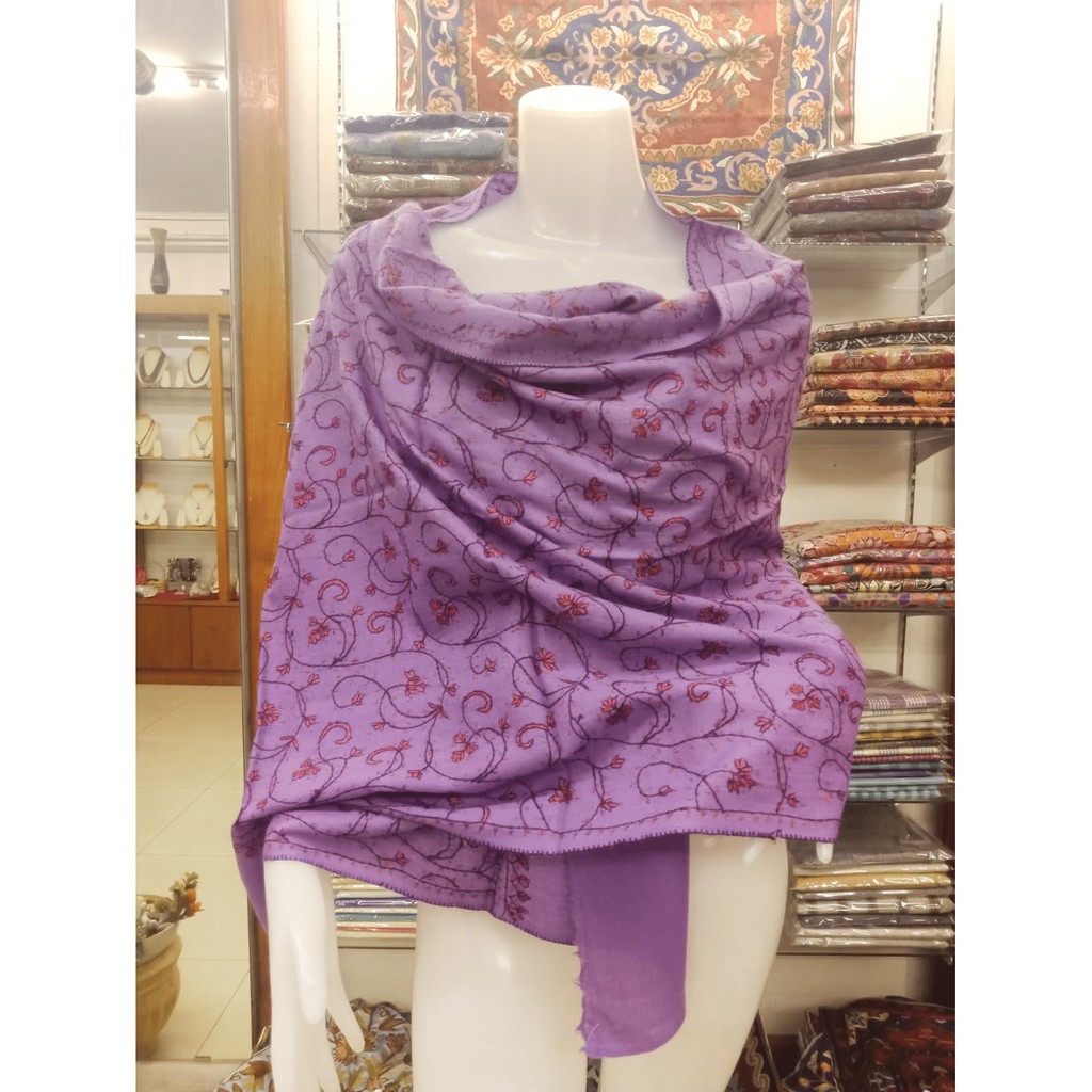 印度喀什米爾100%純羊毛 手工紫羅蘭色刺繡 有機植物藤蔓圖樣設計 優雅圍巾披肩 Cashmere Pashmina
