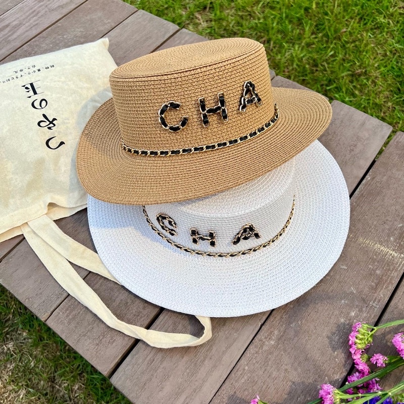 【現貨出清】小香風度假海灘帽 鏈條英文字CHA草帽 草編帽