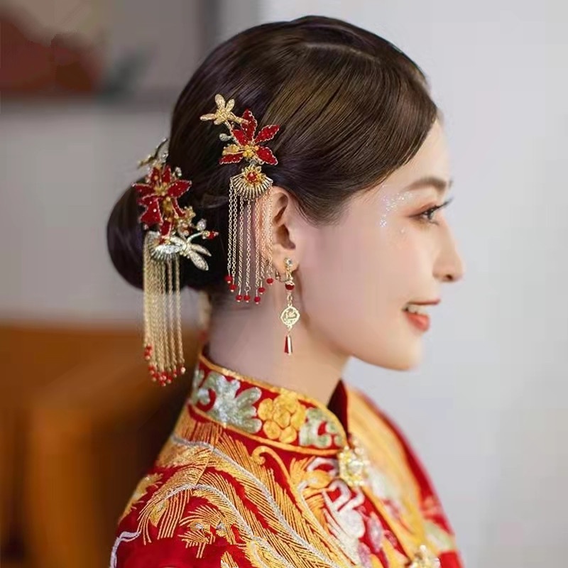 中式婚禮古典秀禾服頭飾 新娘中式 紅色秀禾頭飾 中式大氣紅色米珠對釵步搖流蘇髮簪 龍鳳褂結婚飾品