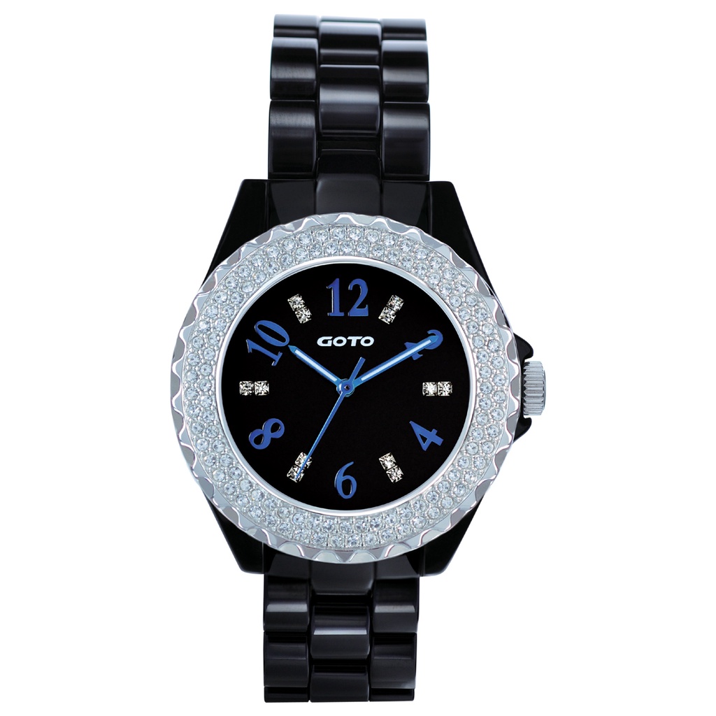GOTO 雙排晶鑽奢華時尚精密陶瓷手錶-黑x藍