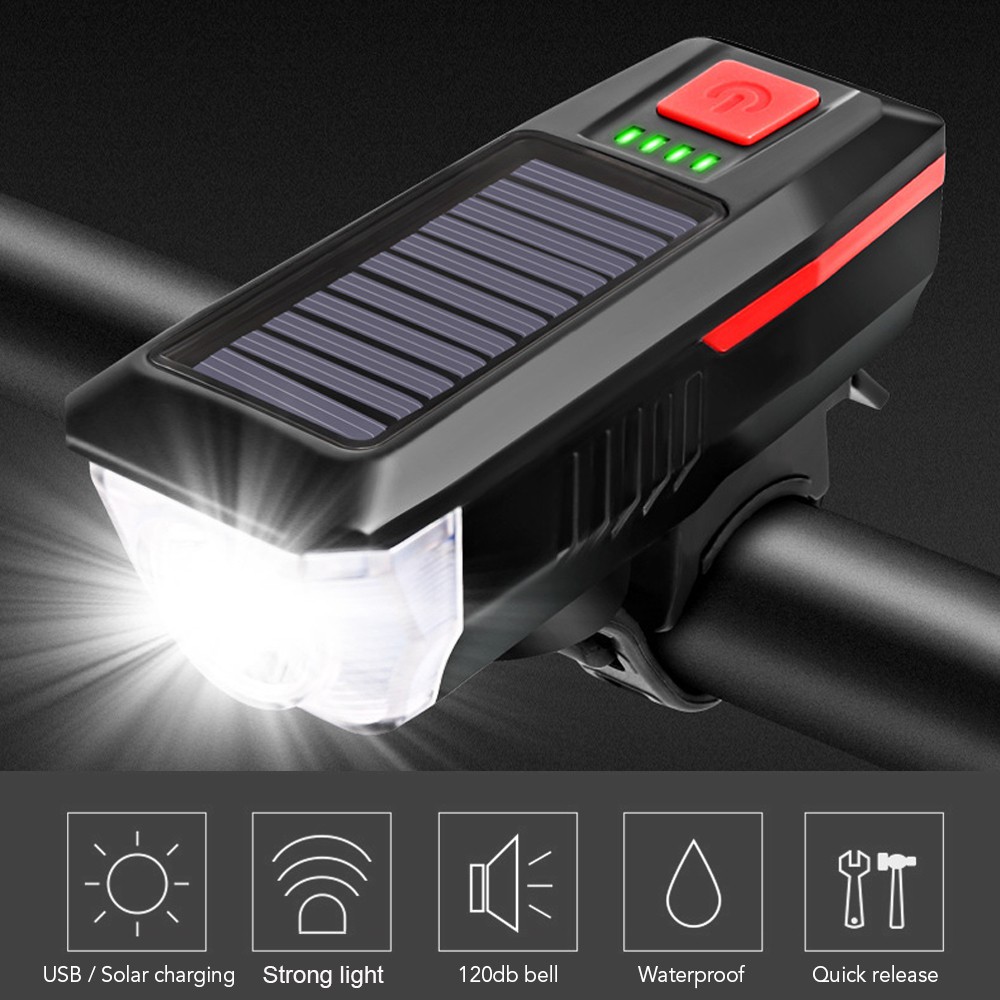 太陽能/usb 充電自行車燈自行車鈴喇叭燈自行車手電筒自行車前燈 USB/太陽能可充電防水自行車頭燈,具有 3 種照明模