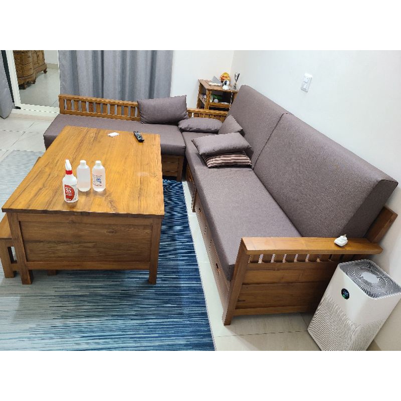 自運有優惠～印尼柚木L型沙發販售（含茶几坐墊且加高可入掃地機器人）整個家的傢俱另恰