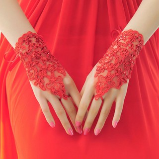 凡妮莎新娘手套-紅色短款蕾絲手套綁帶款-婚紗飾品.禮服配件