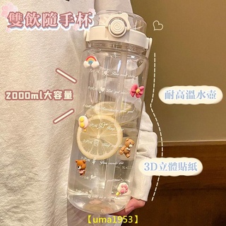 【萬家】2000cc 水壺 水壺 2000ml 直飲水壺 透明水壺 雙飲大容量水杯運動刻度塑膠杯子耐高溫便攜男女大水壺便