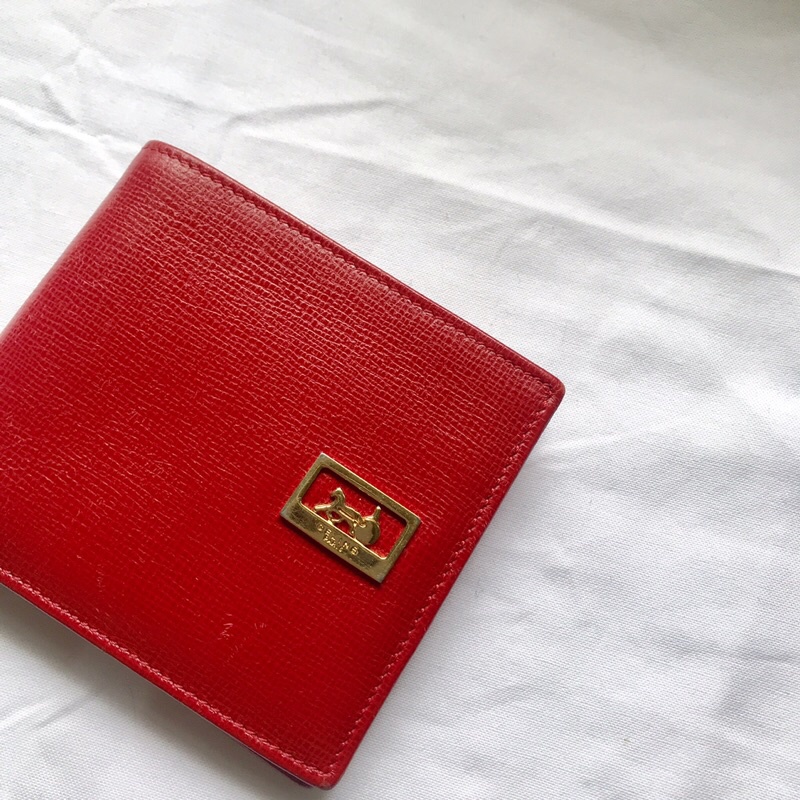 Celine vintage ·席琳 古董皮夾 紅色 短夾 稀有馬車 logo 款 金標