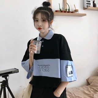 【少女Style】日系 學院風 Polo領 短袖T恤女 拼接印花寬鬆上衣 情侶裝T恤 韓版T恤
