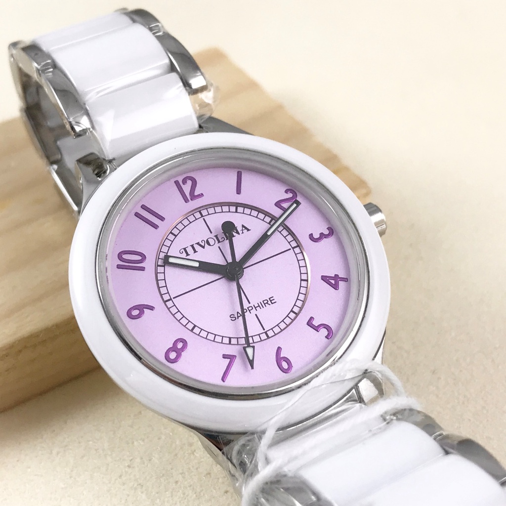 日本 TIVOLINA 高帽子 粉紫面 手錶 女錶 陶瓷錶 26mm  日本機芯 石英錶 白陶瓷錶帶 按壓扣 藍寶石玻璃