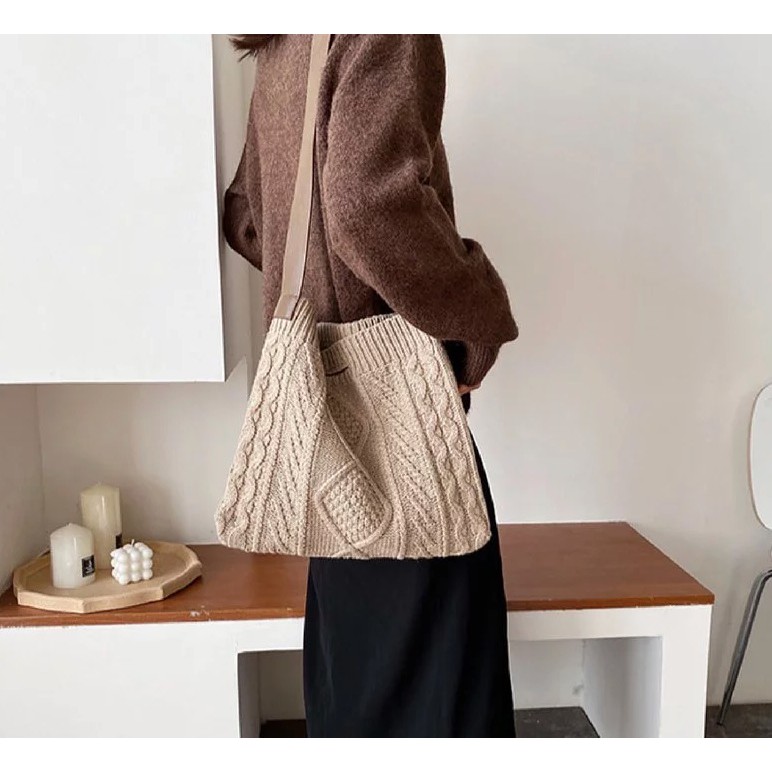 🔅冬日麻花編織包 韓國大容量復古包 斜背麻花毛線針織包 編織包 毛線包 肩背包 斜背包 送子鳥包