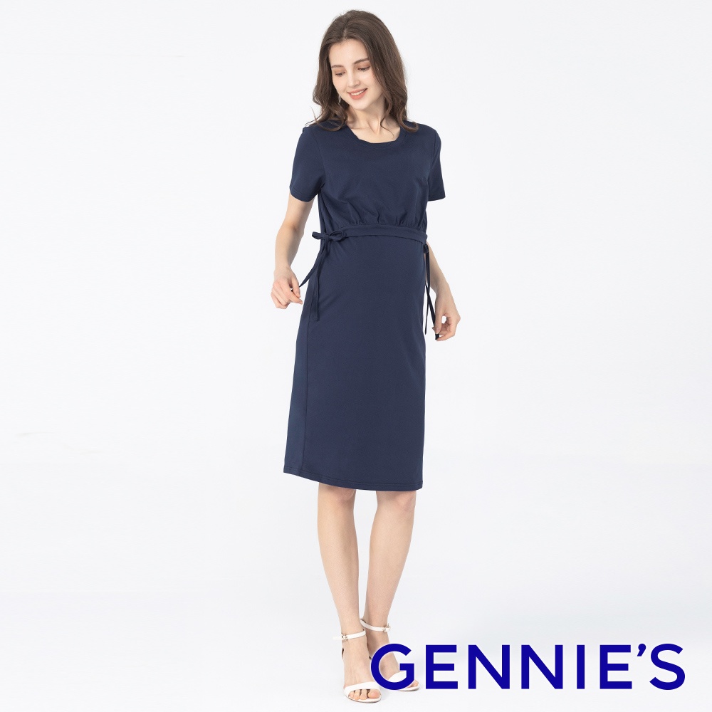 【Gennies 奇妮】側邊綁帶純色哺乳洋裝-藍(T1N06)