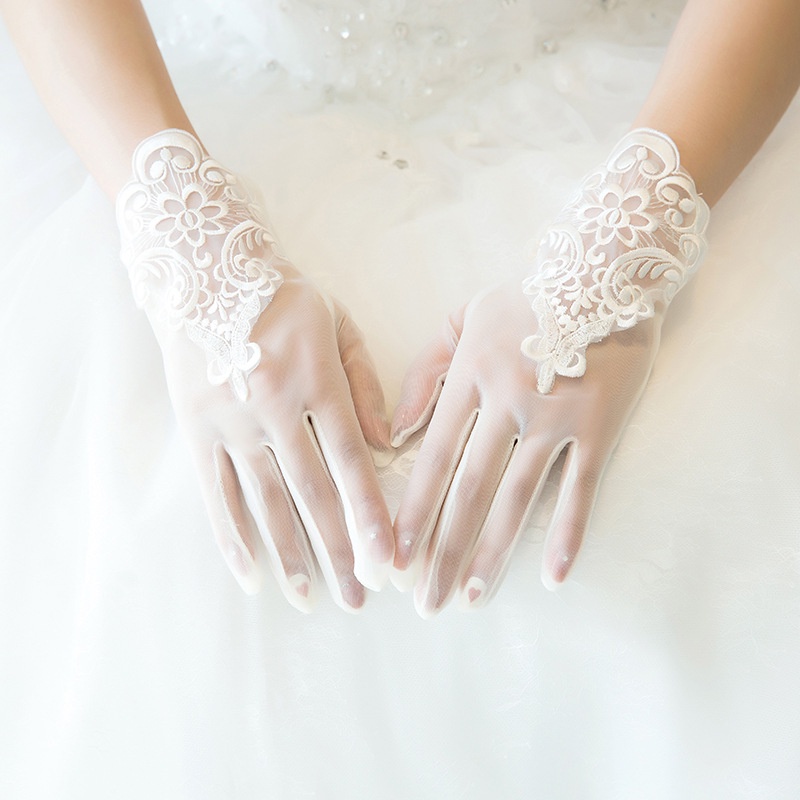 新娘婚禮手套防曬蕾絲手套蕾絲鏤空鑽石網狀短手套 Hs538