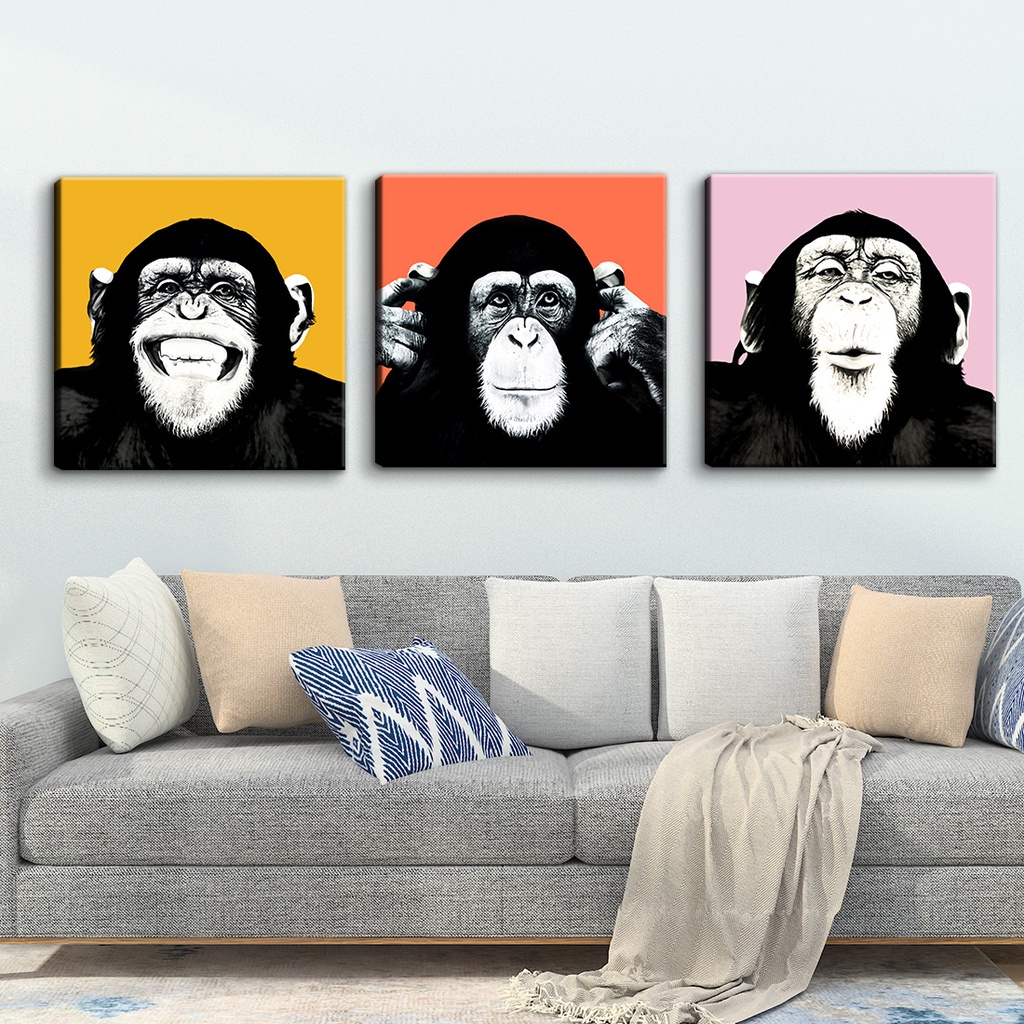 Banksy代表作 笑猴子 時尚掛畫 北歐裝飾畫 黑猩猩 動物掛畫 方形壁畫 兒童房間佈置 INS畫 潮流畫 KAWS畫