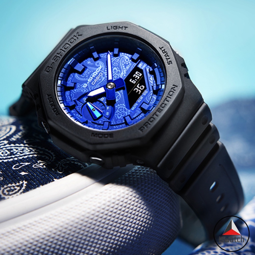 卡西歐 G-Shock 佩斯利藍色 GA-2100BP-1A 藍色 Amoeba 黑色樹脂錶帶雙顯示男士運動手錶