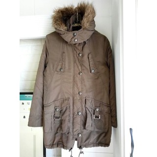 「☃️7成新❄️」 日本品牌🇯🇵 JkyBamber休閒保暖鋪棉咖啡綠毛邊連帽可拆下工裝防風衣拉鍊防風領中長版軍裝外套