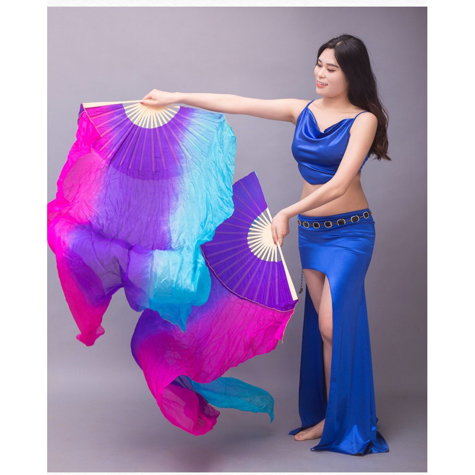 手舞足蹈舞蹈用品 玫紫藍竪染漸變真絲長飄扇 長綢舞蹈扇 肚皮舞演出扇 蝦皮購物