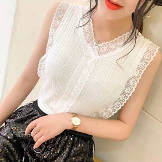甜美V領鏤空蕾絲針織韓版緊身無袖女版襯衫