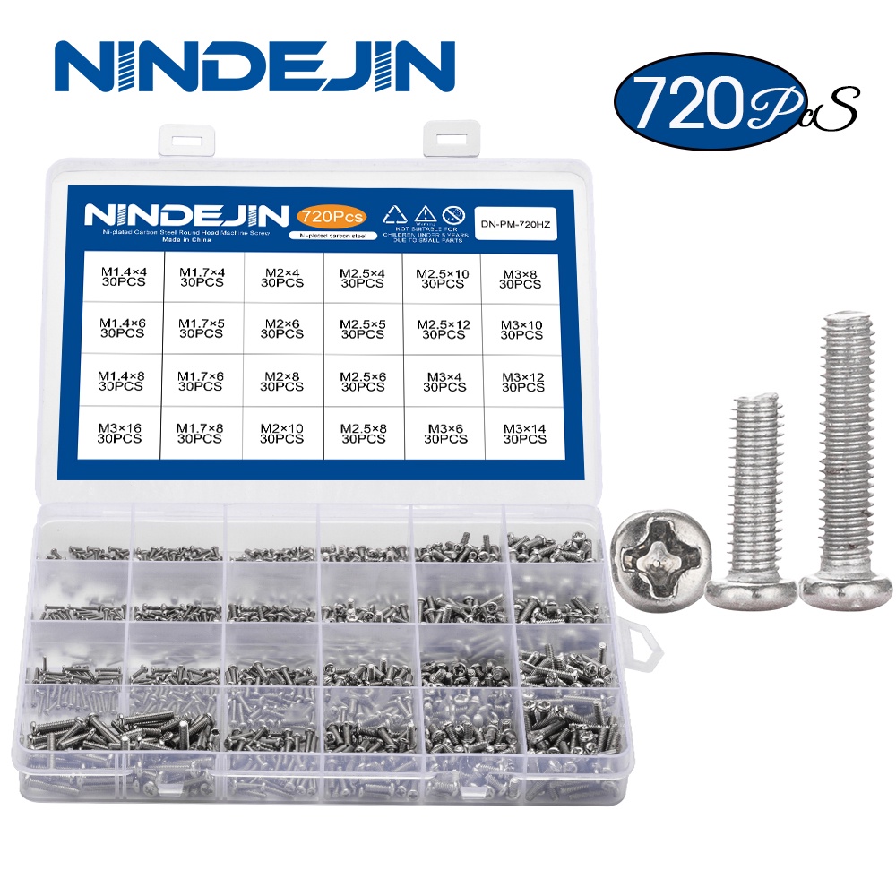 NINDEJIN 720個 盒裝PM鍍鎳圓頭十字螺絲盤頭十字螺釘螺栓筆記本電腦小螺絲M1.4M1.7M2M2.5M3