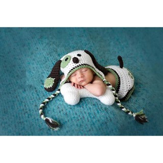 『寶寶寫真』綠色 小狗 萌萌 狗骨頭 兩件套裝 新生兒攝影 拍攝道具 男寶寶 滿月寶寶寫真 QBABY SHOP