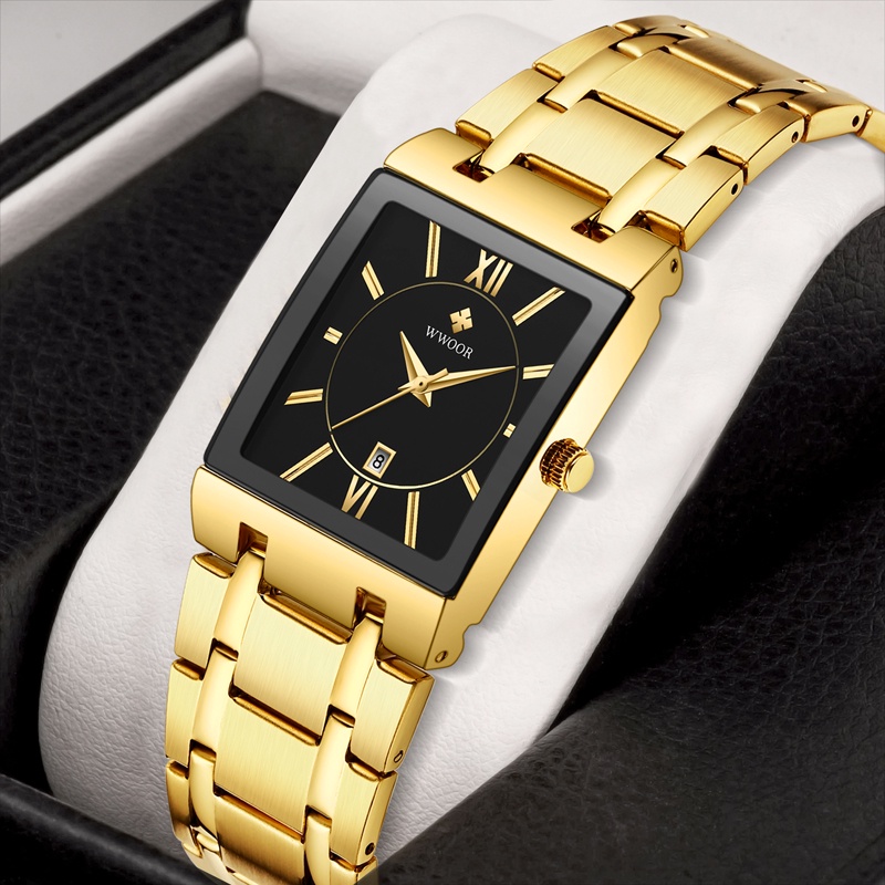 Wwoor Relogio Masculino 黃金手錶男士方形男士手錶頂級品牌豪華金色石英不銹鋼防水手錶-8858