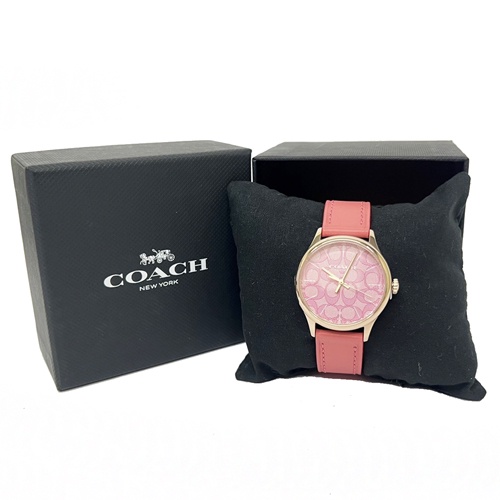 【COACH】C LOGO錶面牛皮錶帶女用手錶(玫瑰粉)