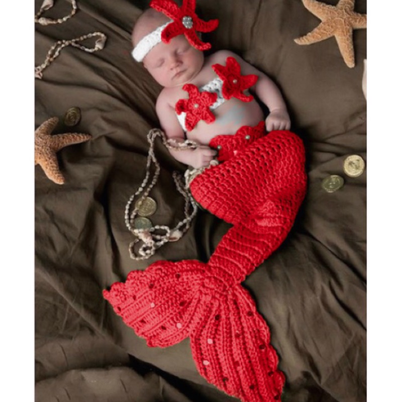 手工編織 嬰兒滿月攝影 造型服 美人魚