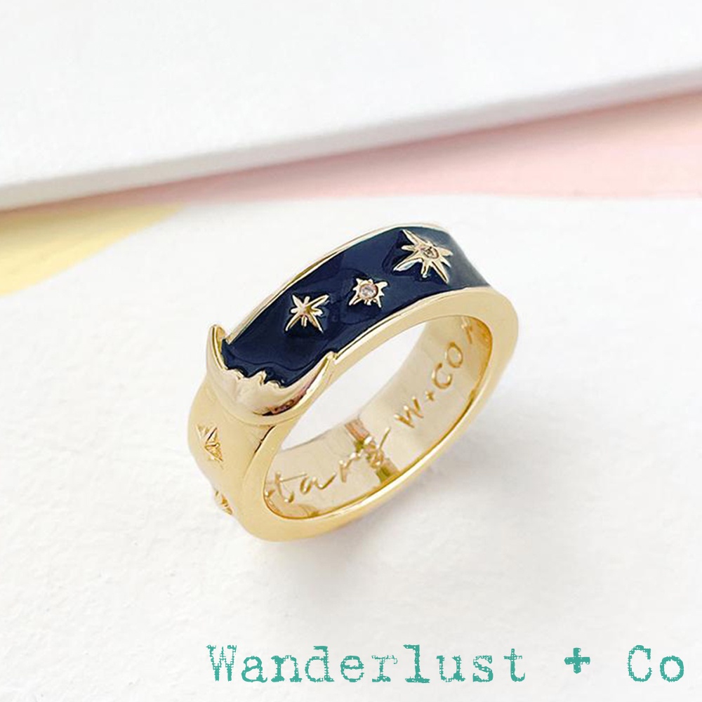 Wanderlust+Co 澳洲品牌 鑲鑽星辰月亮戒指 深藍色 內側刻字款 Moonlit Navy