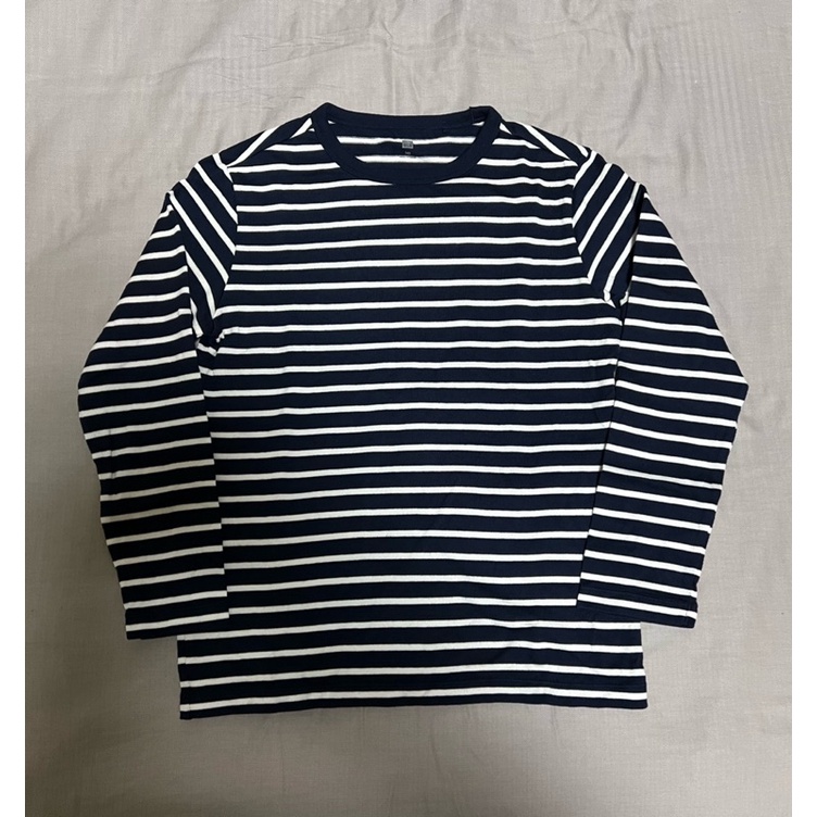 UNIQLO 童裝 橫條紋棉質長袖T恤 深藍 白 size:140