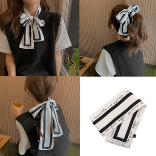 優雅圍巾黑色白色緞面絲巾可愛圖案女士絲帶圍巾韓國