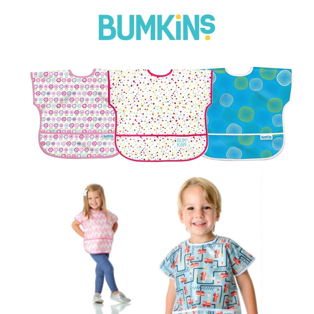 ⭐現貨⭐美國Bumkins 兒童短袖防水圍兜 多款可選 (方格點點/可愛花朵 /藍水波紋)