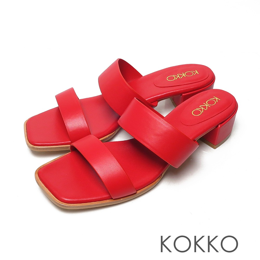 KOKKO極簡時髦方頭一字帶粗跟綿羊皮涼拖鞋紅色