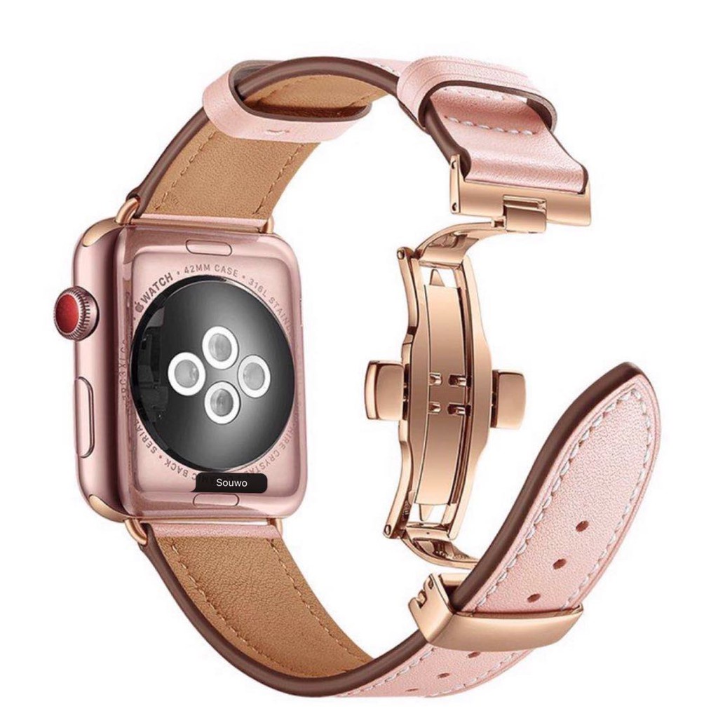 Apple Watch6/5/4錶帶蘋果手錶帶真皮iWatch3/2男女44mm 40mm潮新蝴蝶釦透氣SE錶帶【愛德】